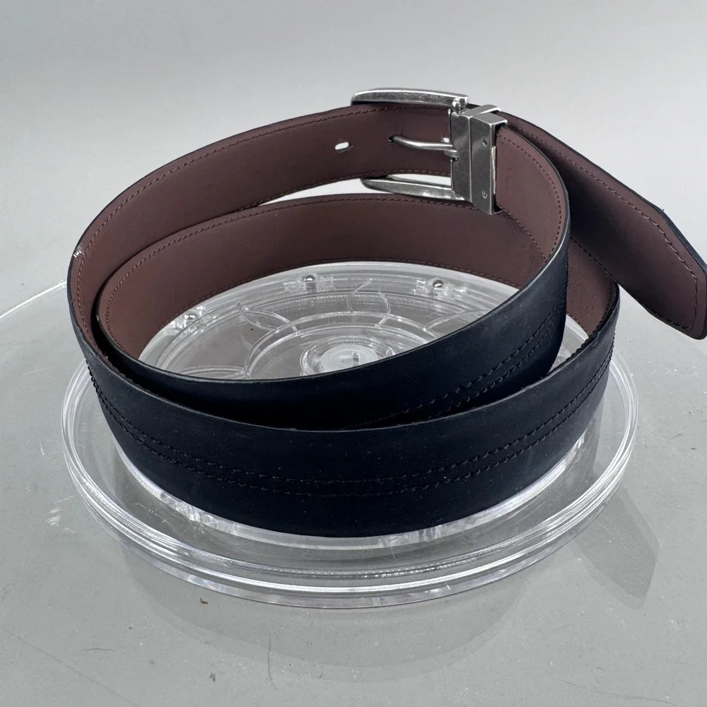 Timberland Mens Size 40 Reversible Leather Belt Matte Black Silver Buckle Casual